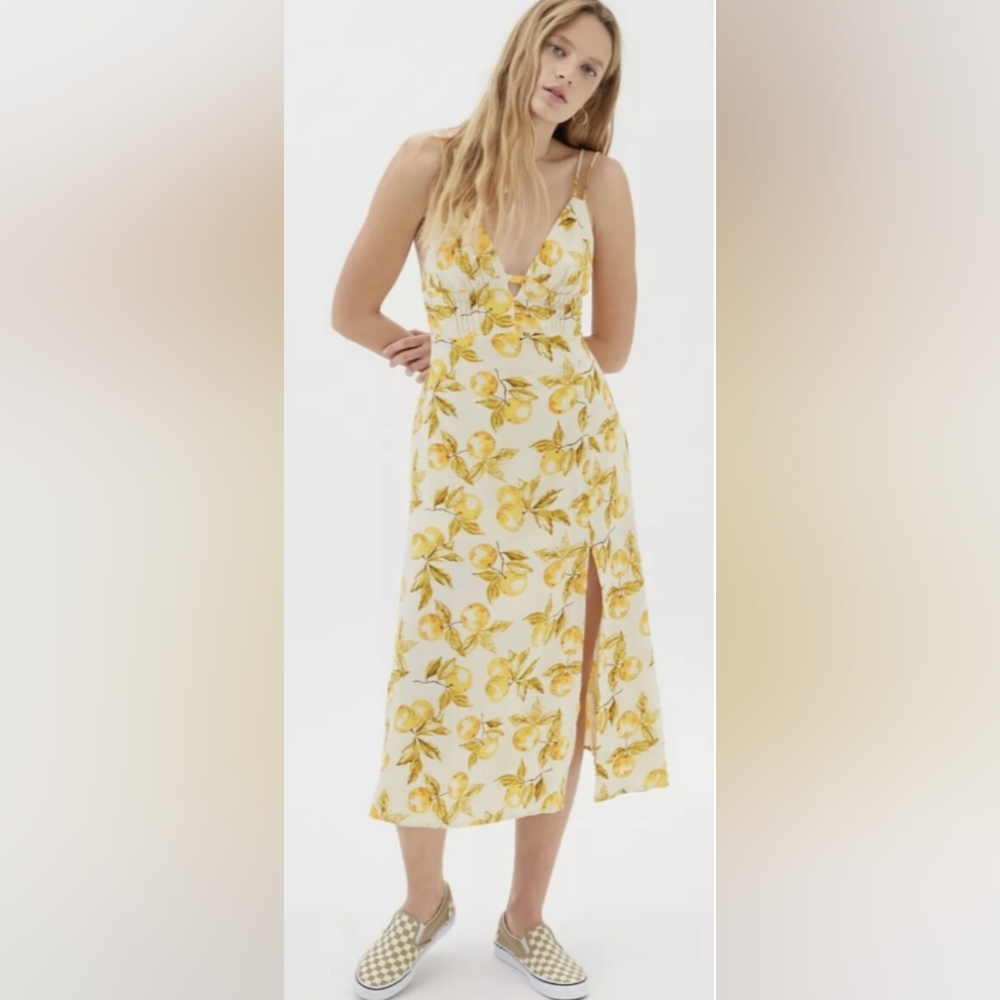 UO First Sight Lemon Midi Dress  Medium Flowy Linen Fairy Coquette